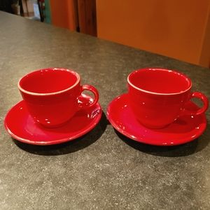 Two Scarlet Fiesta cups and saucers